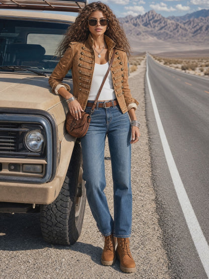Military-style Camel Denim Stand-up Collar Double-breasted Short Jacket