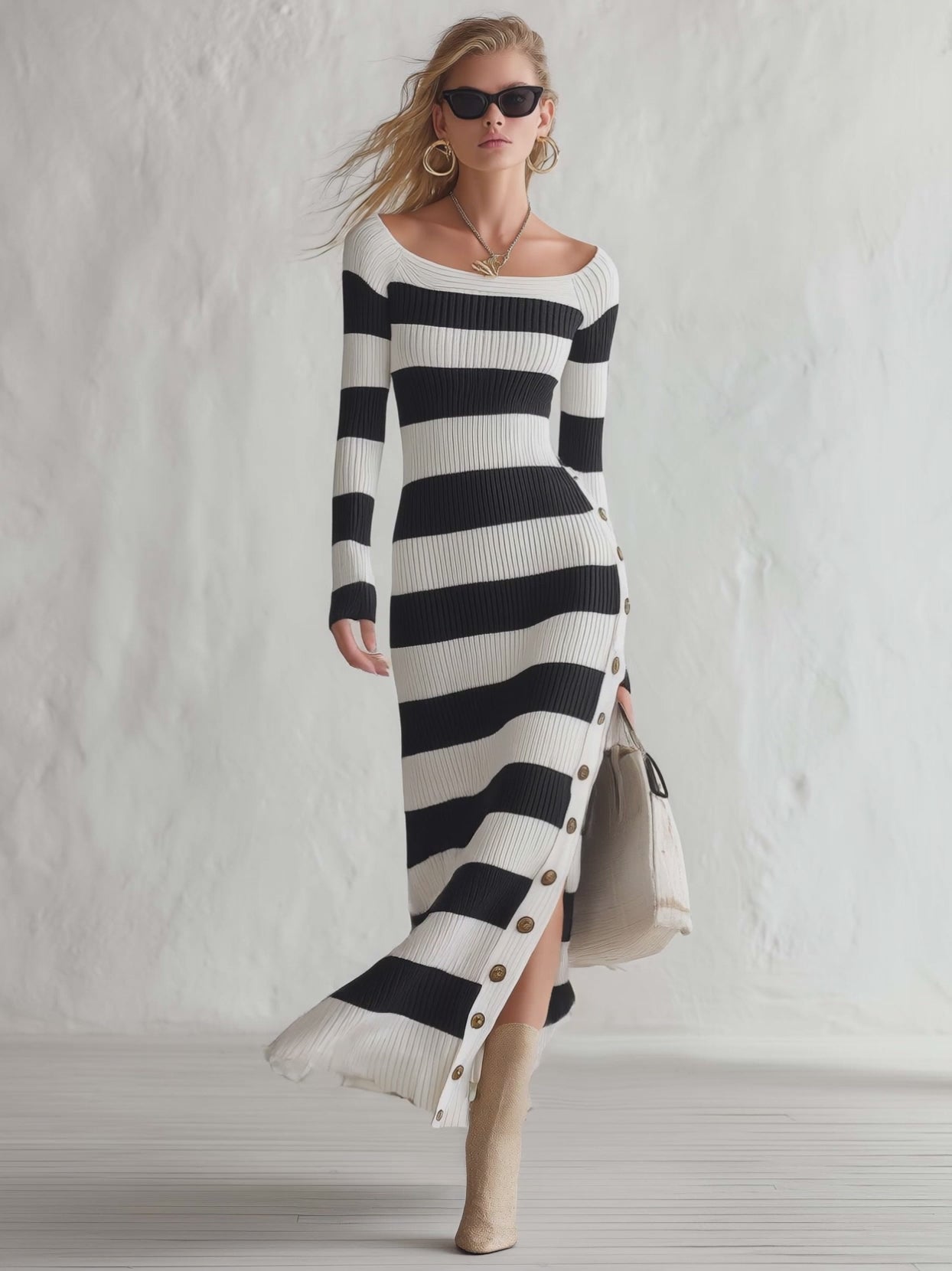 Elegant Vintage Boat Neck Black And White Striped Knit Slit Maxi Dress