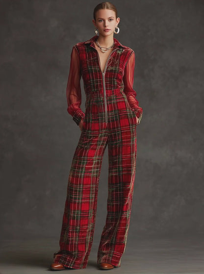 Retro Long-sleeved Mesh Red And Green Plaid Velvet Wide-leg Jumpsuit