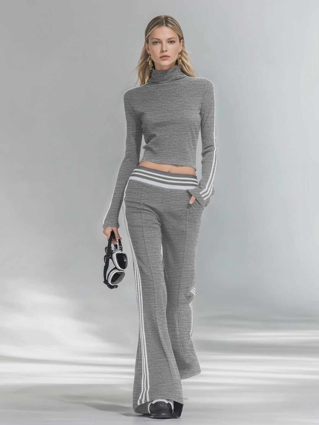 Sporty And Stylish Stand-up Collar T-shirt And Flared Pants Set