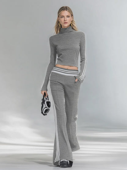 Sporty And Stylish Stand-up Collar T-shirt And Flared Pants Set