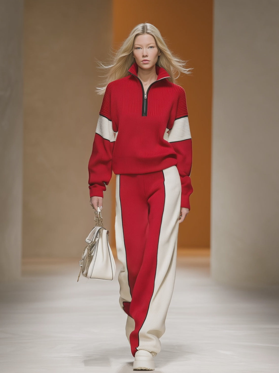 Retro Sports Style Contrast Color Knit Top And Pants Set