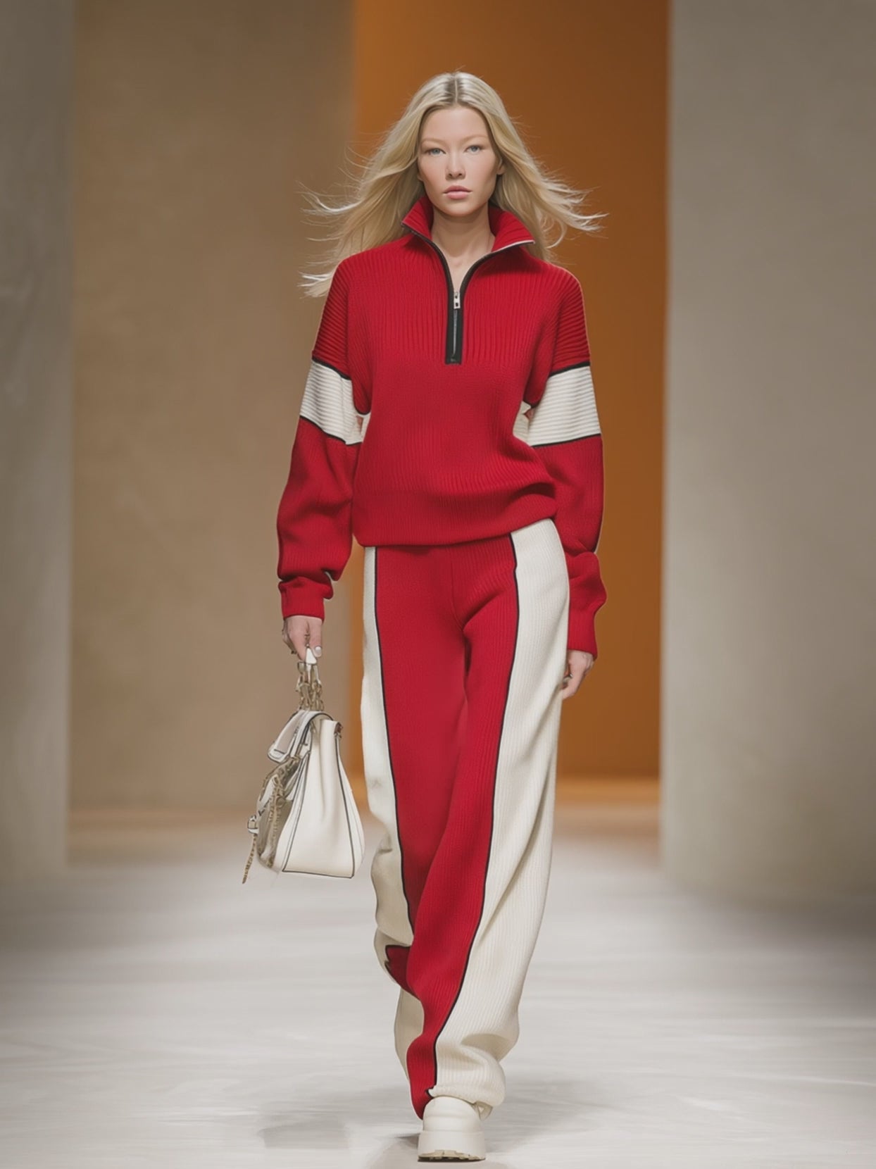 Retro Sports Style Contrast Color Knit Top And Pants Set