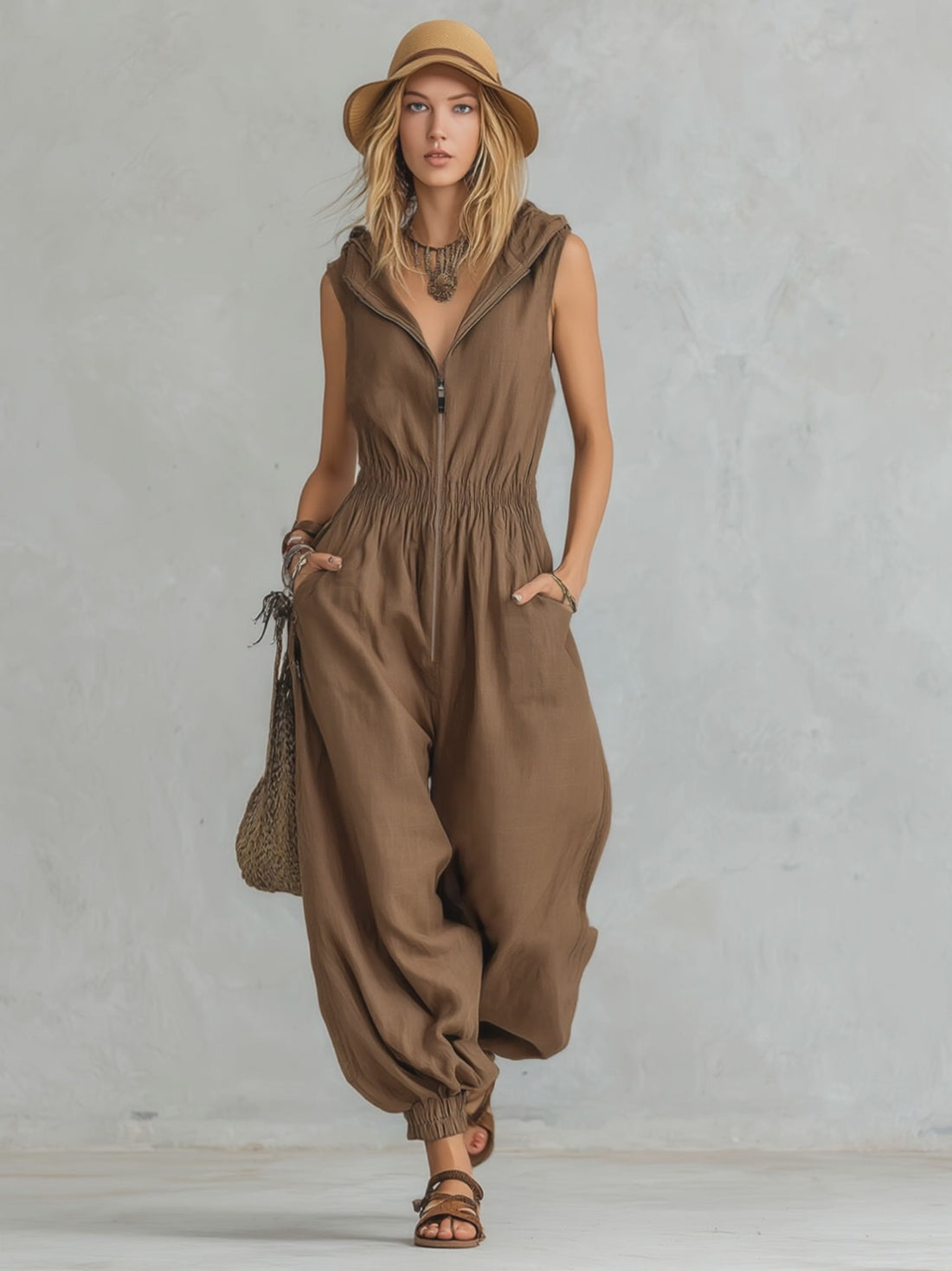 Hooded Zipper Cotton Linen Sleeveless Jumpsuit