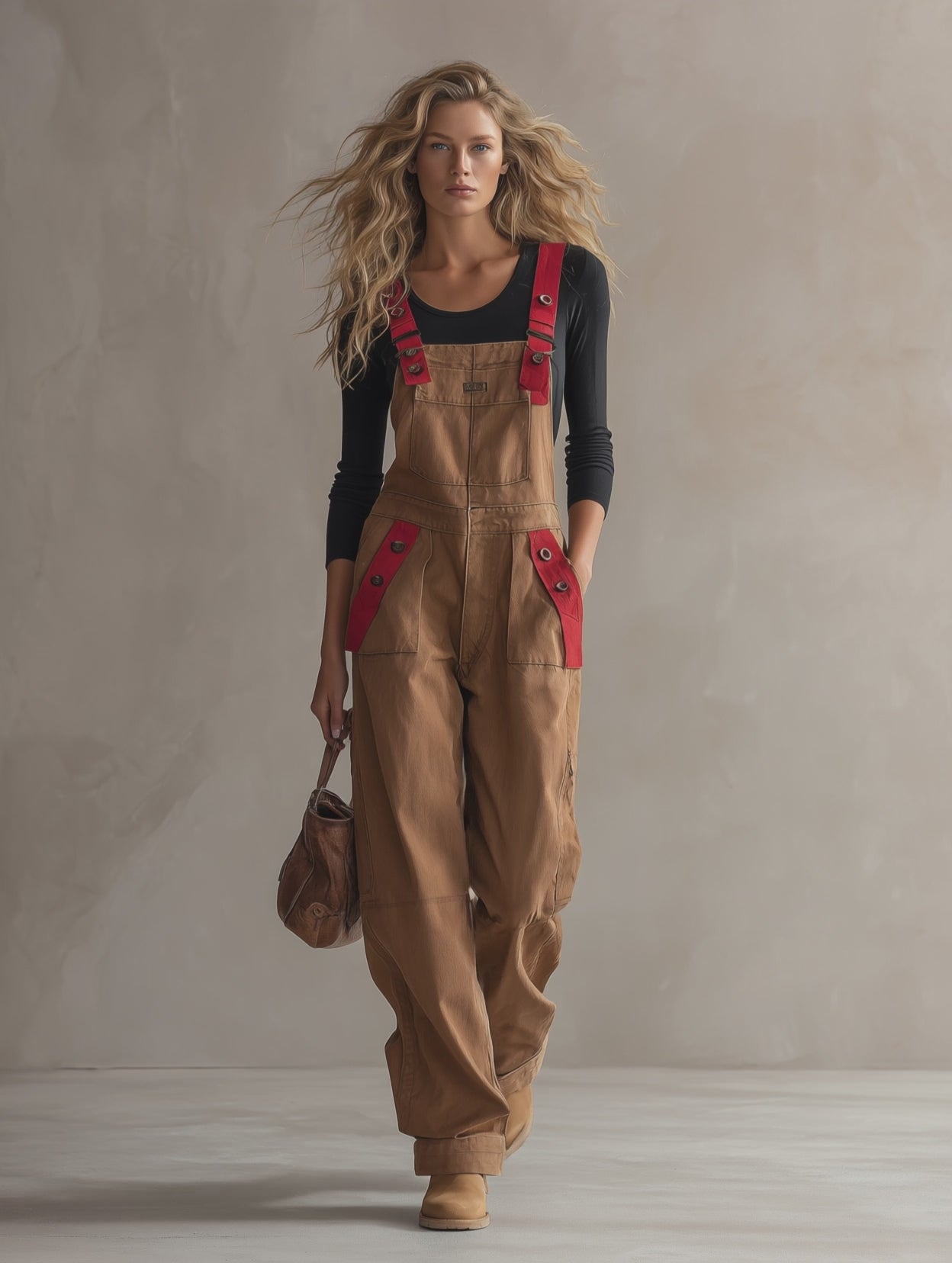 Retro American-style Adjustable-strap Red-paneled Big-pocket Wide-leg Jumpsuit