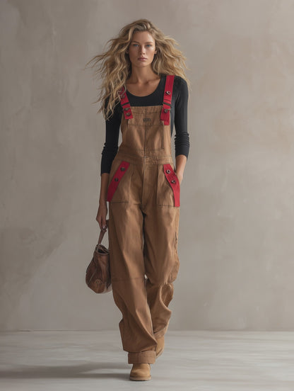 Retro American-style Adjustable-strap Red-paneled Big-pocket Wide-leg Jumpsuit