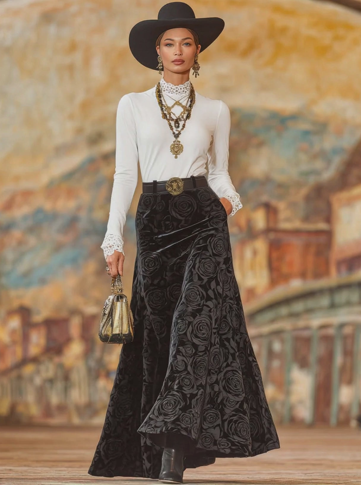 Black Rose Print A-line Velvet Skirt