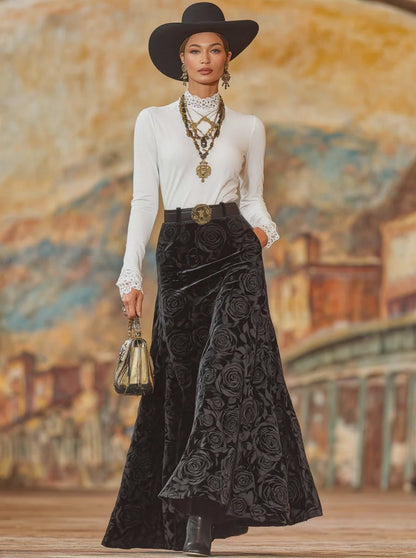 Black Rose Print A-line Velvet Skirt