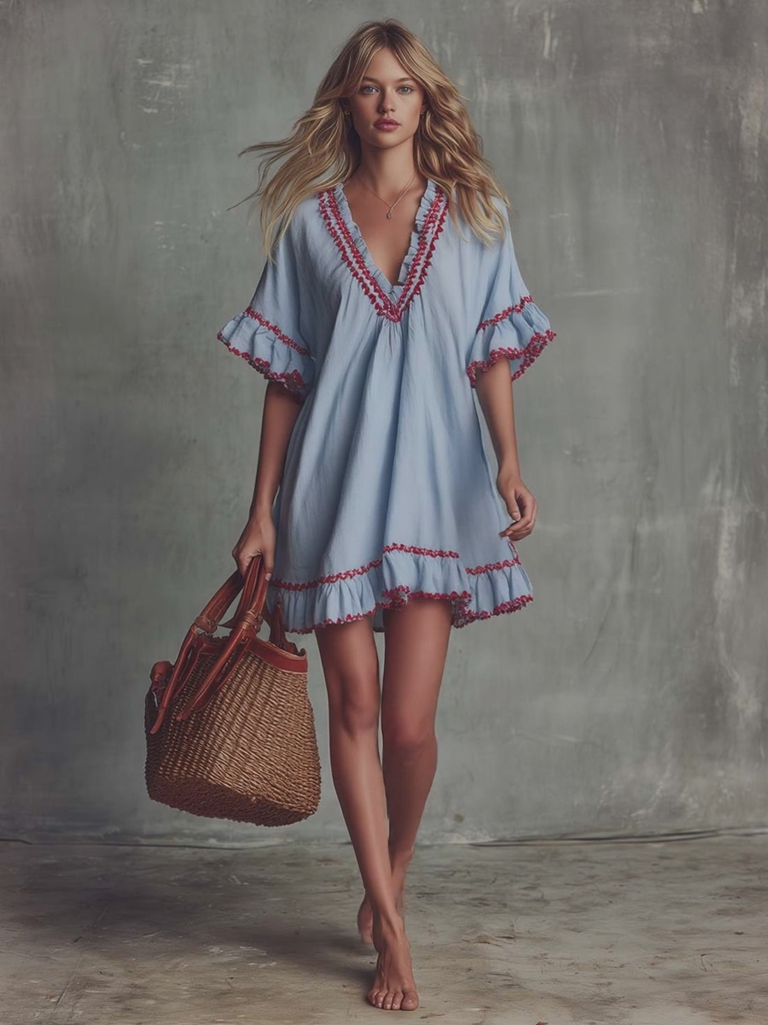 Vintage Bohemian V-neck Ruffled Hazy Blue Cotton-linen Mini Dress