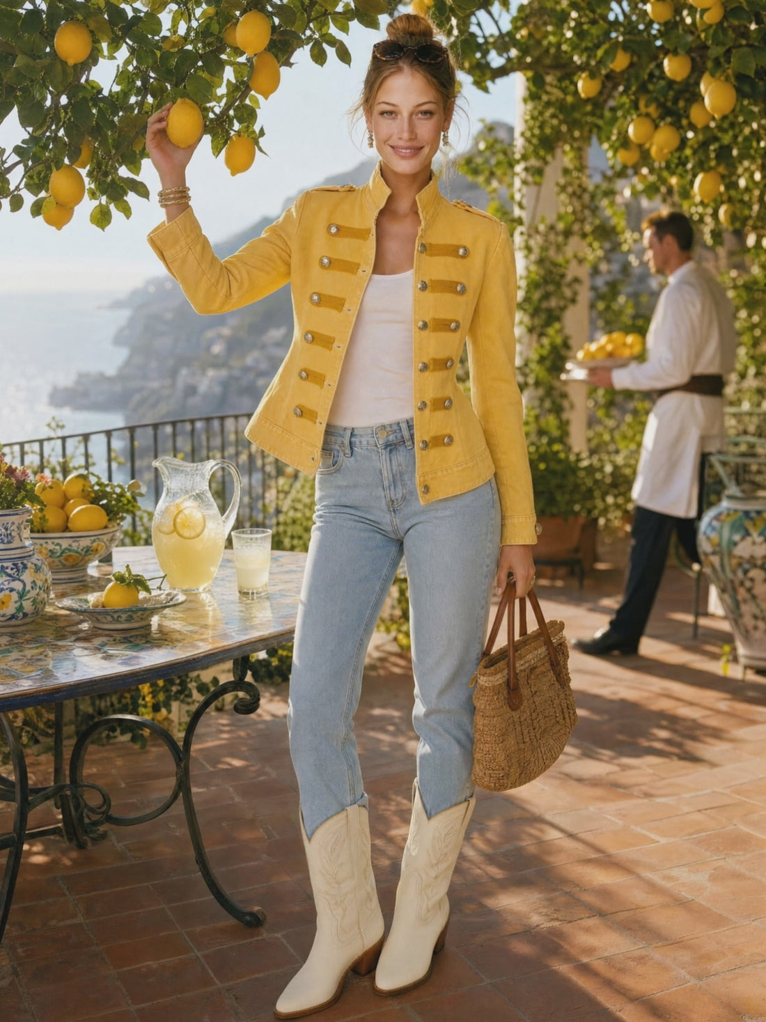 Vintage Military-style Faded Yellow Denim Jacket