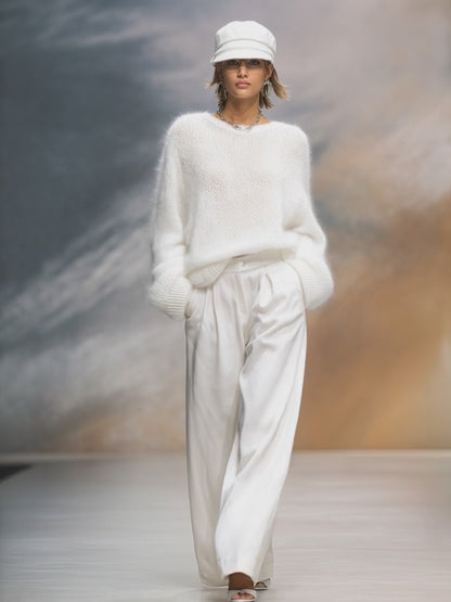 Elegant Solid Color Round Neck Loose Pullover Sweater