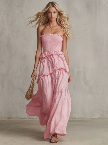 Pink Cotton Linen Sleeveless Ruffled Maxi Dress