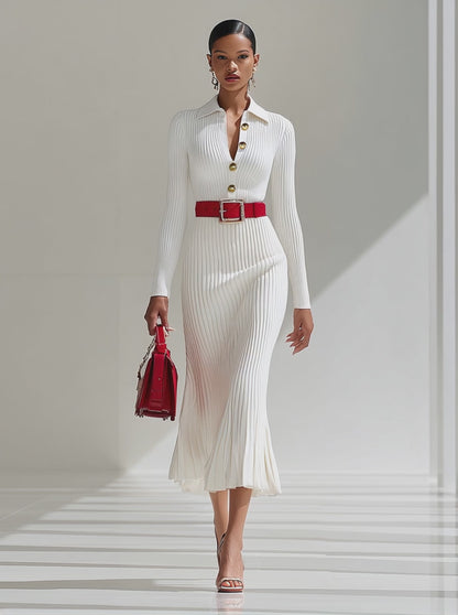 【24-hour shipping out】White Wool Lapel Button Design Maxi Dress