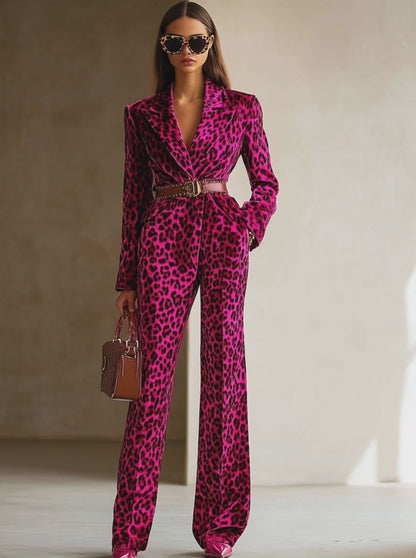 【24-hour shipping out】Casual Loose Retro Velvet Leopard Print Lapel Long Sleeve Jumpsuit