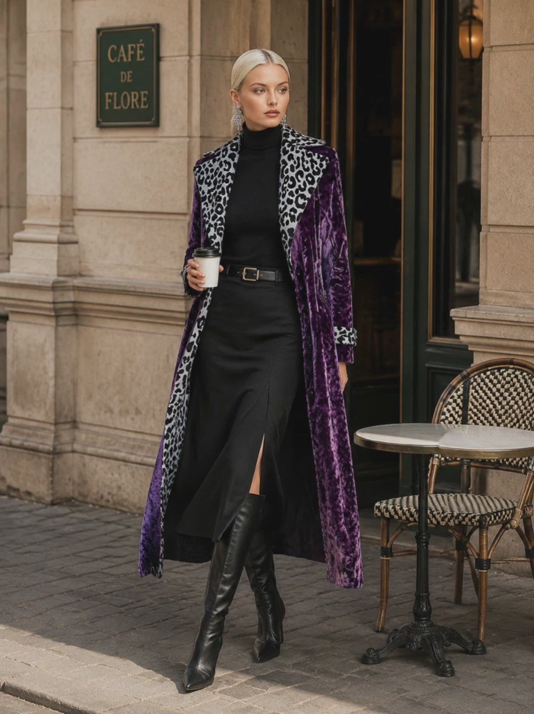 Vintage-style Leopard Print Lining Deep Plum-purple Velvet Coat
