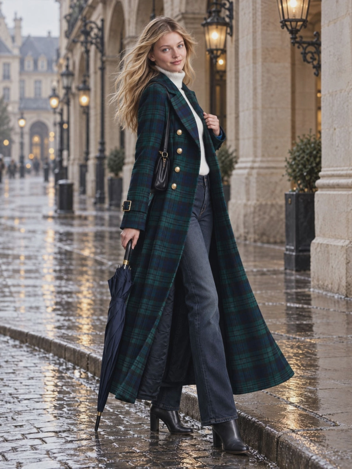 Retro Elegant Green Plaid Double-Breasted Gold-Button Flared Long Coat