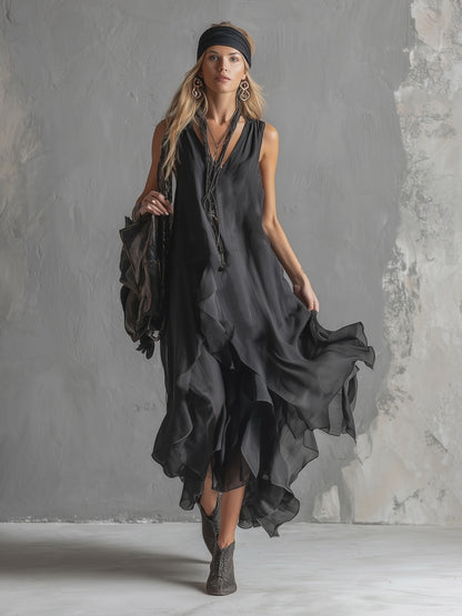 Urban Silhouette Black Chiffon Double-layered Skirt Sleeveless Maxi Dress