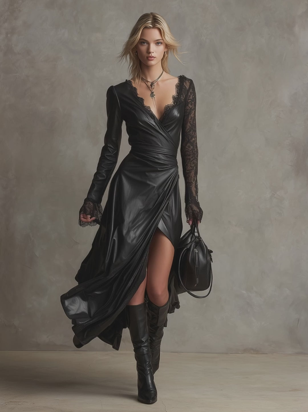 Delicate Lace-sleeved Black Faux Leather Maxi Dress