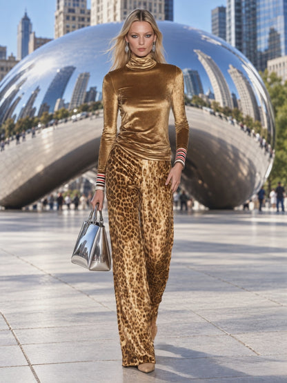 Vintage Glam Gold Velvet Turtleneck Top And Leopard-Print Wide-Leg Pants Set