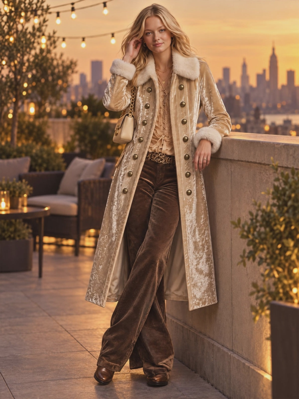 Retro Elegant Champagne Velvet Faux Fur-Trimmed Double-Breasted Long Coat