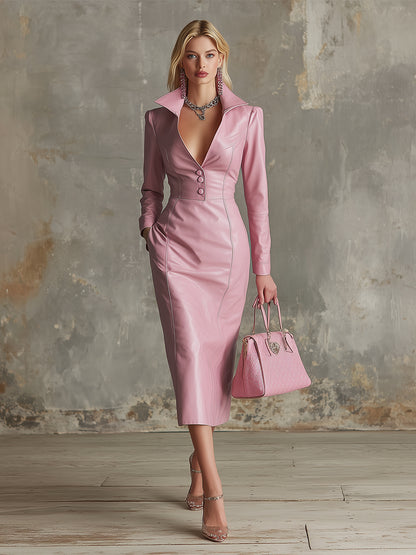 Elegant And Gentle Pink Faux Leather Midi Dress