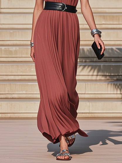 Beautiful Leather Belt Beige Pleated Maxi Dress