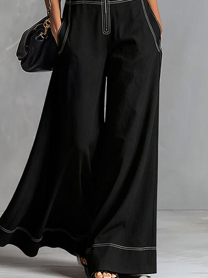 Stylish And Elegant Front-zip Black Tencel Denim Sleeveless Wide-leg Jumpsuit