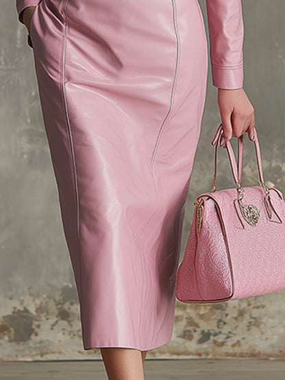 Elegant And Gentle Pink Faux Leather Midi Dress