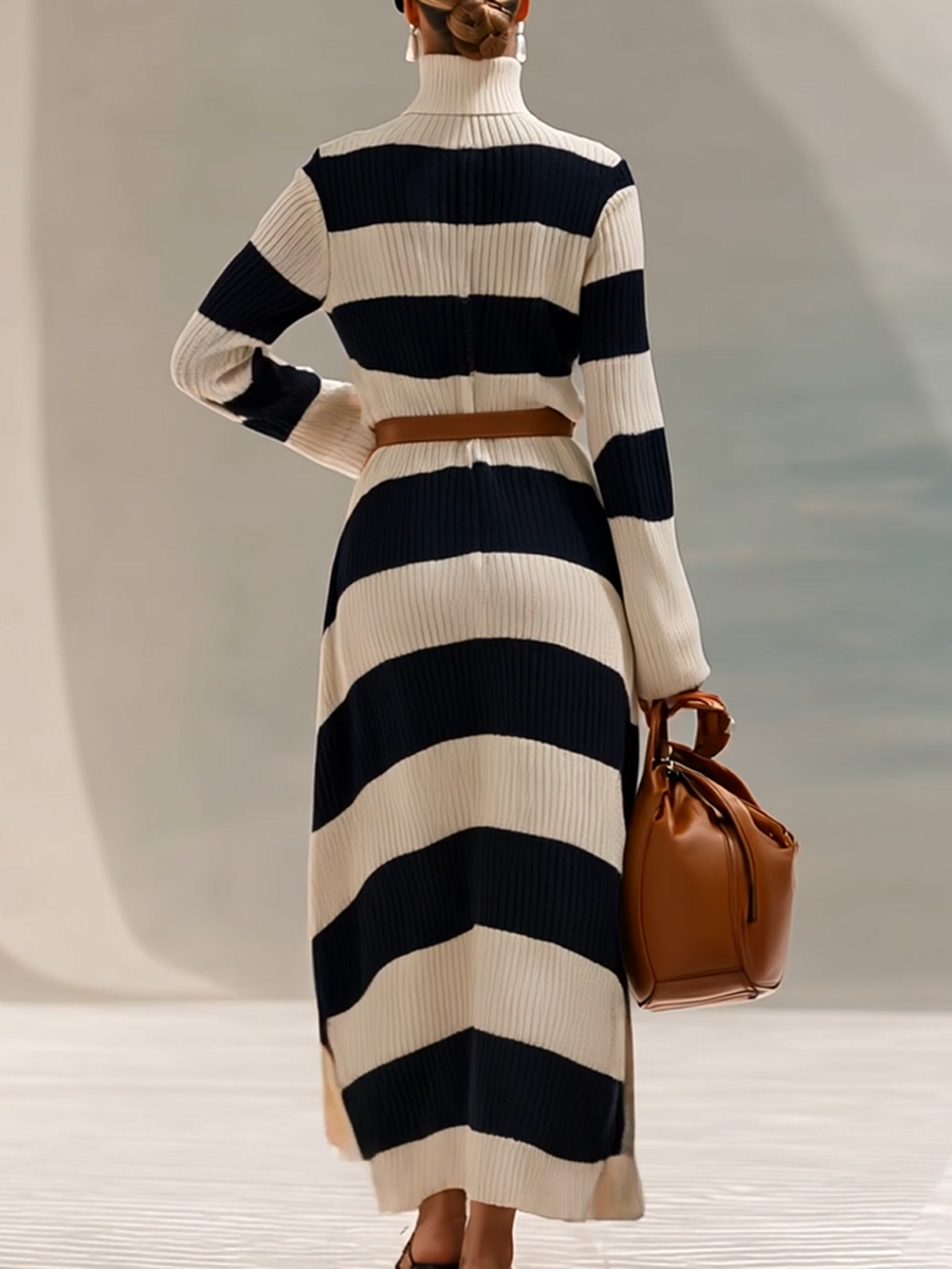 Fashionable And Elegant High Collar Navy Blue And White Contrast Striped Knitted Long Sleeve Maxi Dress