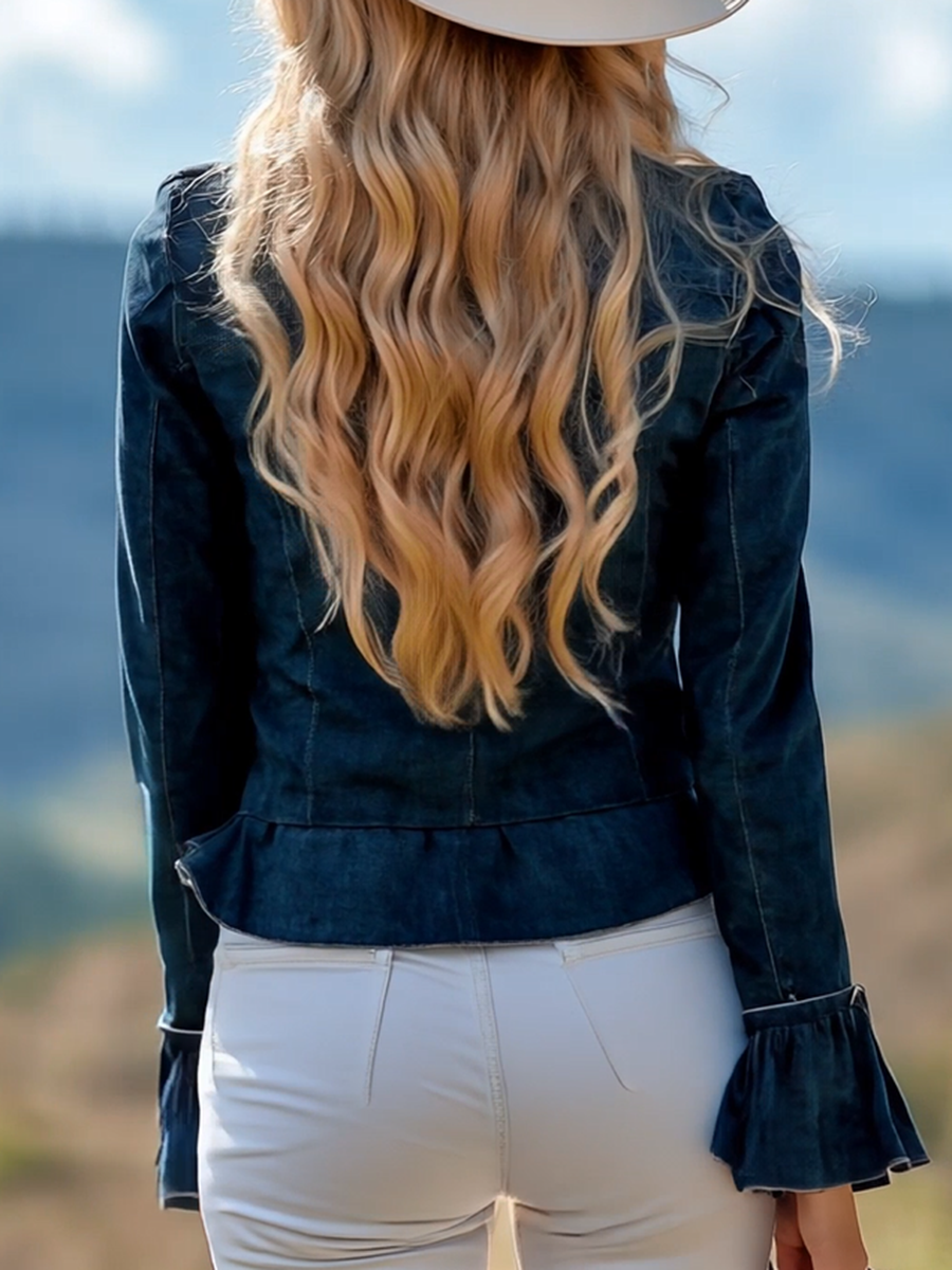 Vintage Casual Navy Ruffled Suede Shirt