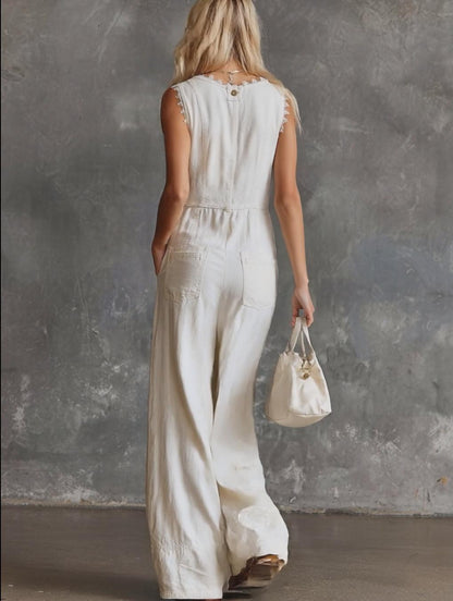 Elegant Vintage Western V-neck Front Buttons Lace Trim White Cotton Jumpsuit