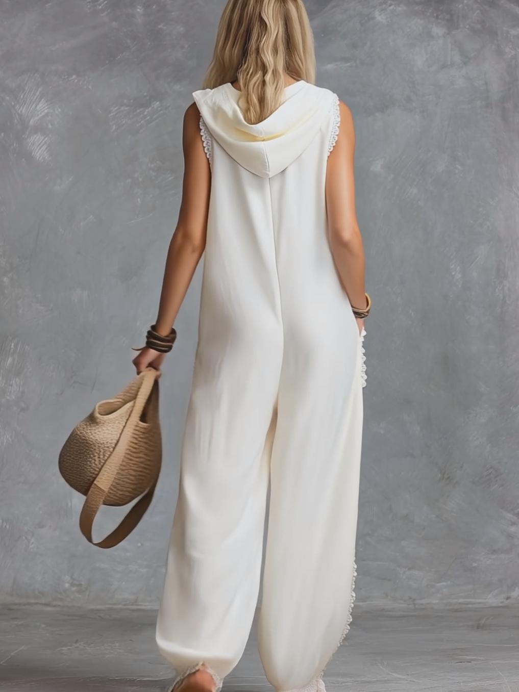 Vintage Casual Western Hooded V-neck Front Zip Lace Trim White Cotton Jumpsuit