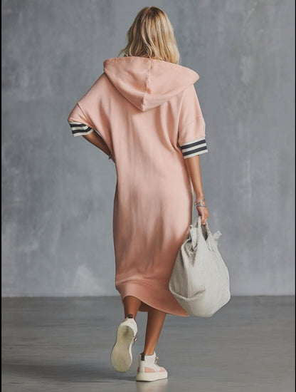 Casual Fashion Sporty Hooded Front Zipper Short-sleeved Cherry Blossom Pink Cotton Midi Dress