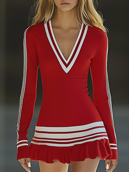 Fashionable Sports White Striped Red V-neck Long Sleeve Mini Dress