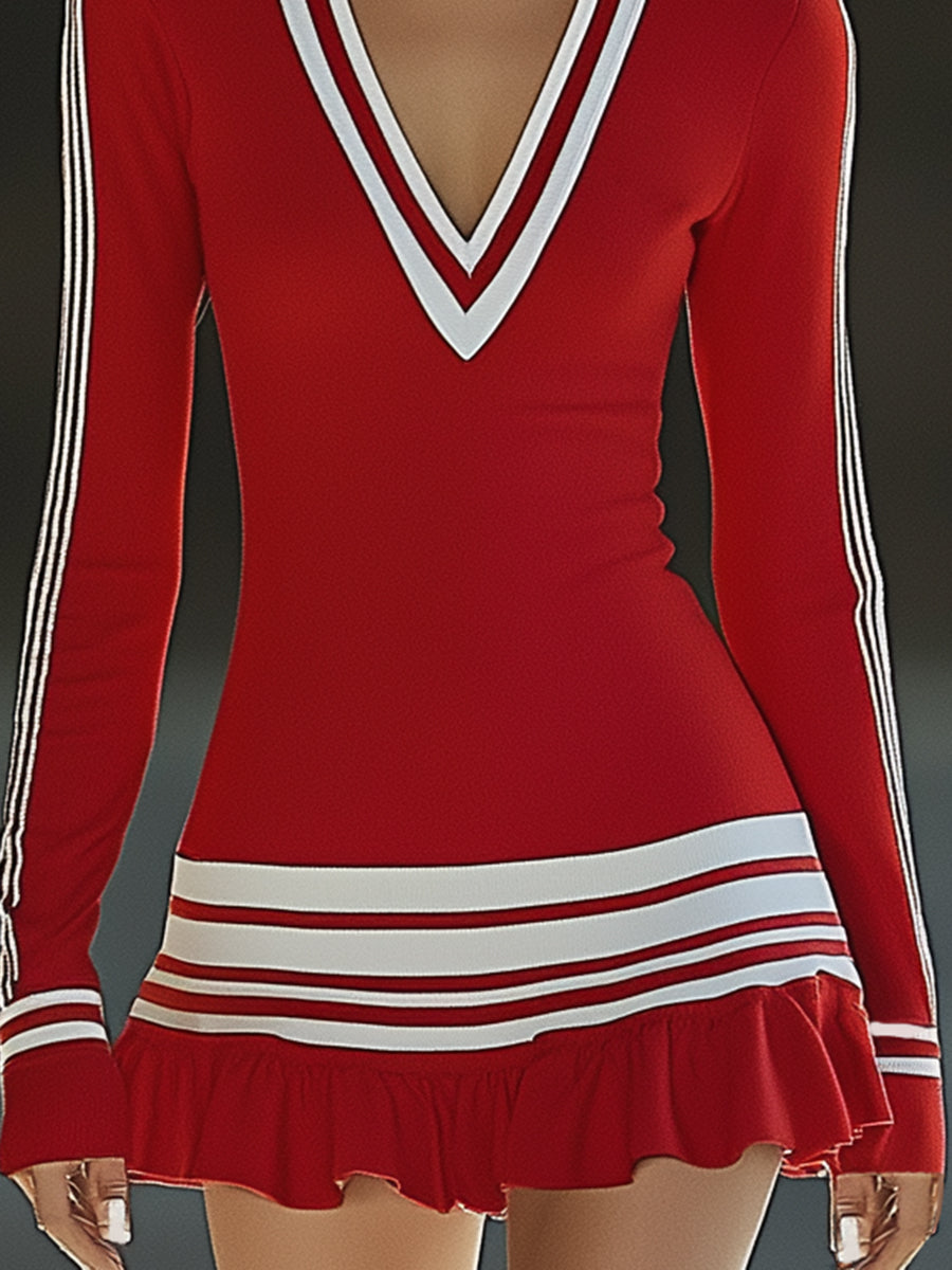 Fashionable Sports White Striped Red V-neck Long Sleeve Mini Dress