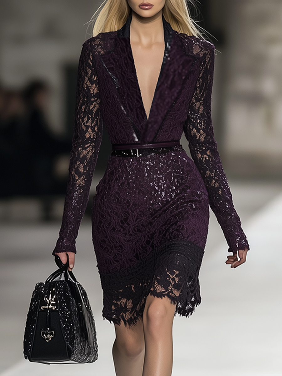 Mysterious Purple Lace Long-Sleeve Bodycon  with Deep V-Neck Mini Dress