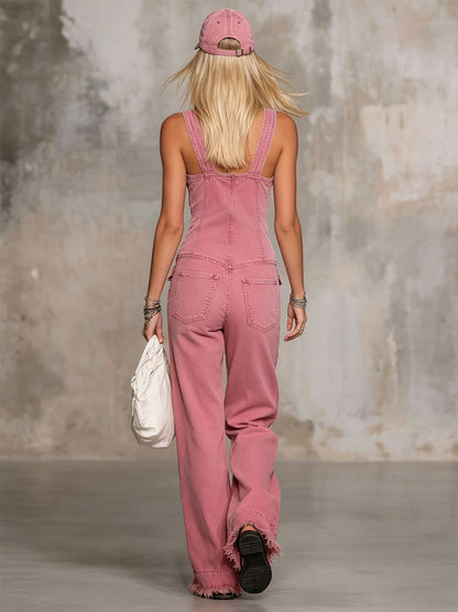 Retro Pink Denim Sleeveless Jumpsuit