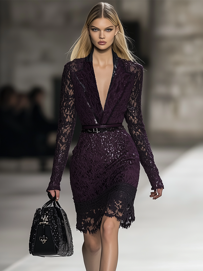 Mysterious Purple Lace Long-Sleeve Bodycon  with Deep V-Neck Mini Dress