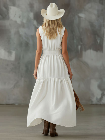 Stand-collar Double-pocket Elastic-waist Cotton-linen Sleeveless Maxi Dress