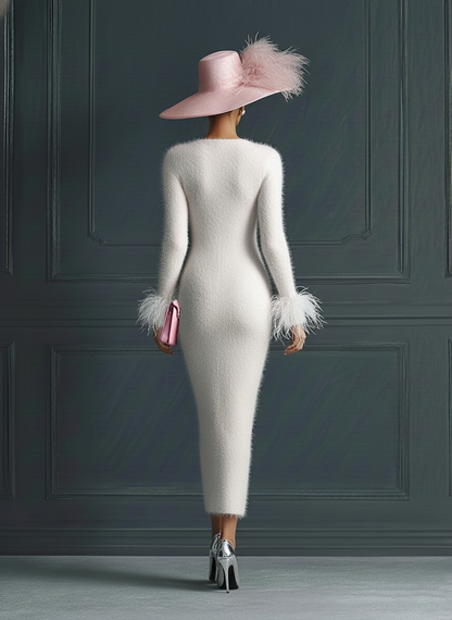 White Mohair V-neck Button Imitation Ostrich Feather Midi Dress