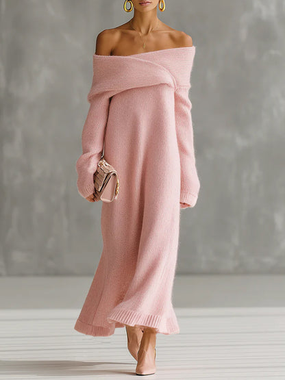 Pink Mohair One-shoulder Loose Maxi Dress