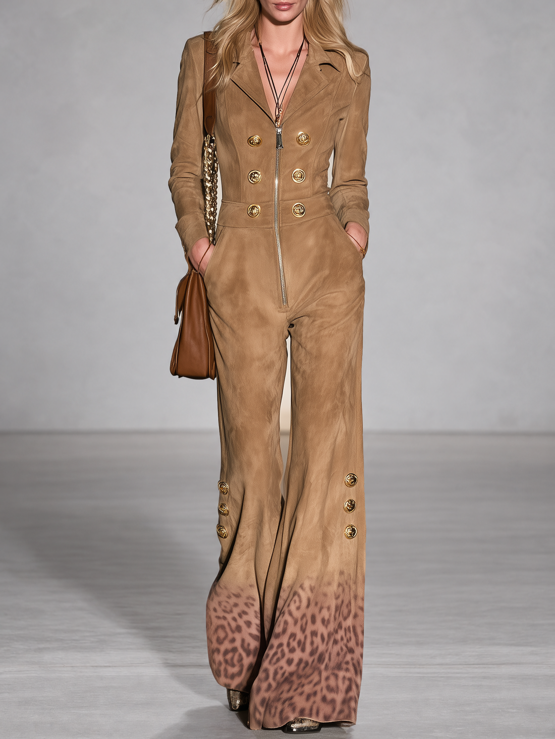 Retro Western Faux Suede Gold Button Leopard Hem Wide-Leg Jumpsuit