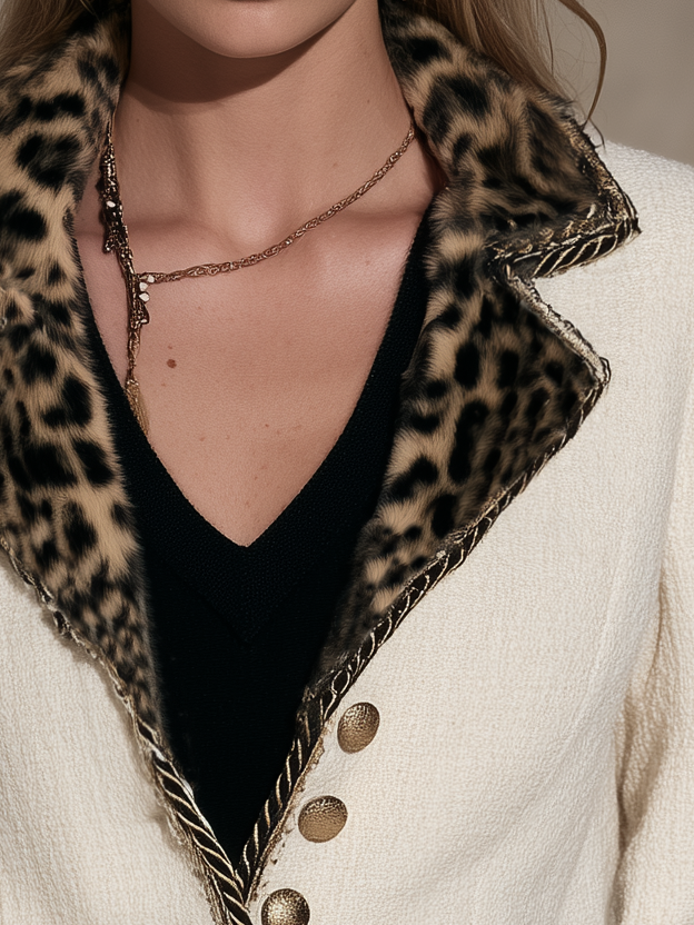 Retro Tweed Patchwork Faux Fur Lapel Jacket Women Elegant Casual