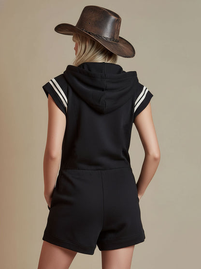 Color-blocked Trim Zippered Short-sleeved Hooded Short Jumpsuit